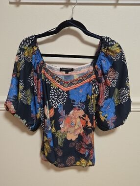 Jealous Tomato Navy Floral Square-Neck Puff Sleeve Blouse
